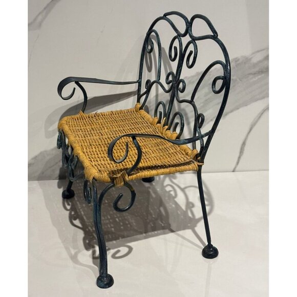Vintage Metal Wicker Doll Bench Black Scroll Miniature Chair 12" Shabby Chic - Picture 7 of 9